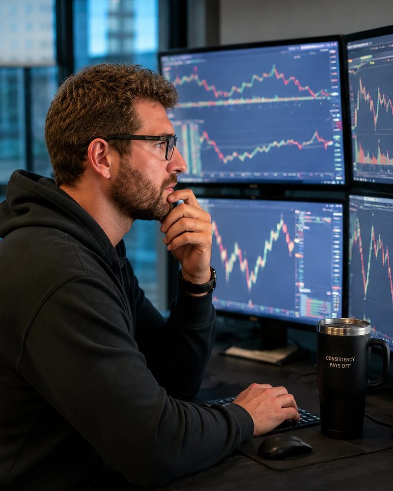 Mark Bechara studying gold and index charts at his trading desk